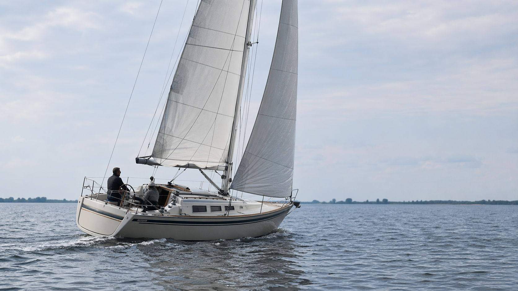 Zeilboot aan de wind op rustig binnenwater met licht hellend schip en netjes getrimde zeilen.